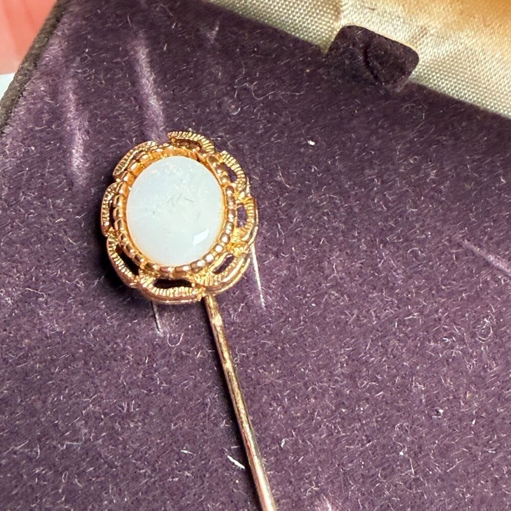 Vintage Genuine Opal Gold Tone Stick Pin Lapel Hat Pin 3" Original Empress Box - Picture 2 of 6